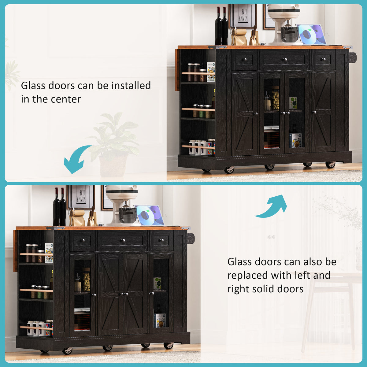 variant-group:rf-n707p263637b|Roomfitters 53" Rolling Kitchen Island with Drop Leaf, Mobile Cart with Glass Doors, 5 Side Shelves & Power Outlets, Black