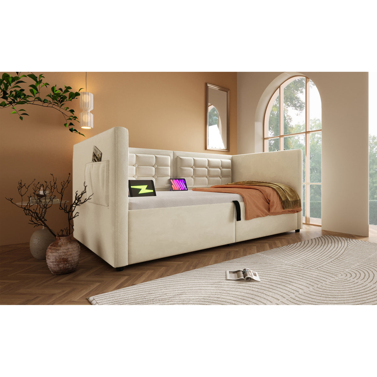 variant-group:rf-n736p303402b|Roomfitters Upholstered Twin Size Daybed with Storage, USB & Type-C Charging, Tufted Sofa Back, Velvet Beige