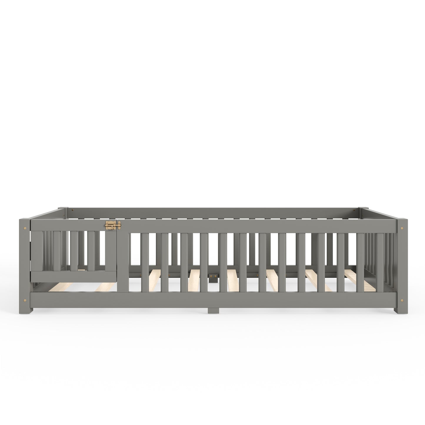 variant-group:rf-w1580p462312|Roomfitters Twin Size Wooden Floor Bed Frame with Safety Guardrails Door, Solid Wood Low Profile Toddler Play Bed, Gray
