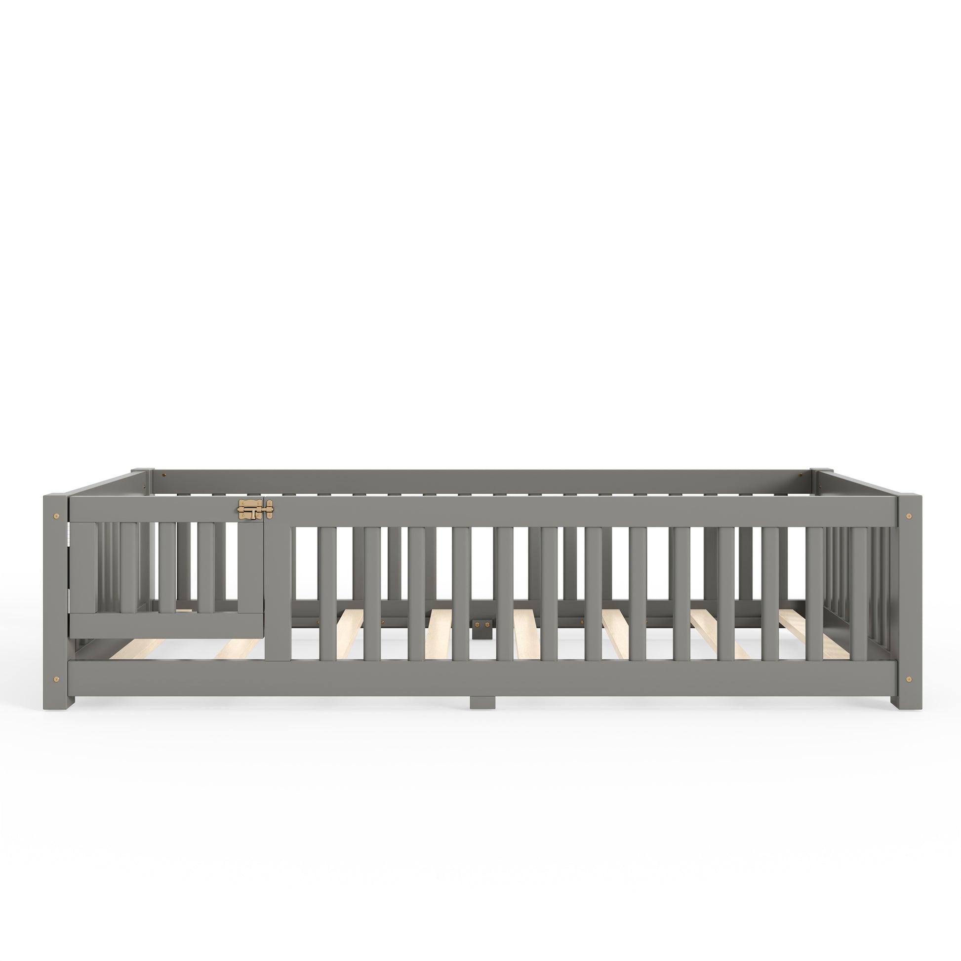variant-group:rf-w1580p462312|Roomfitters Twin Size Wooden Floor Bed Frame with Safety Guardrails Door, Solid Wood Low Profile Toddler Play Bed, Gray