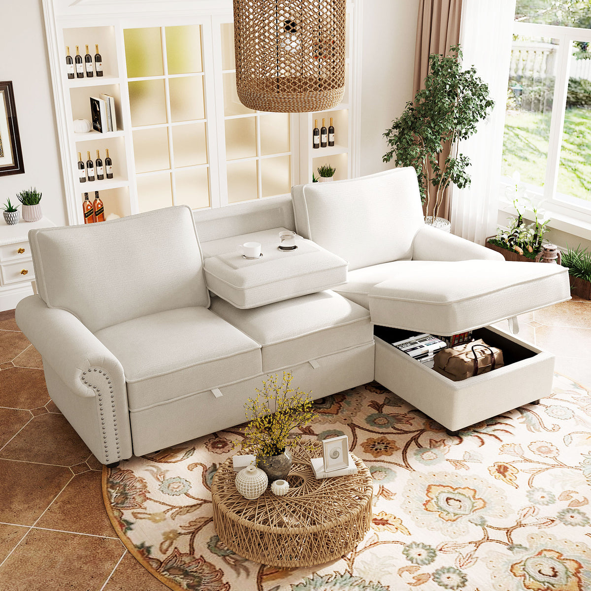 variant-group:rf-n711wy000466aaa|Roomfitters 95" Convertible Sectional Sleeper Sofa L-Shaped Couch with Storage Chaise and Pull Out Bed for Living Room, Beige
