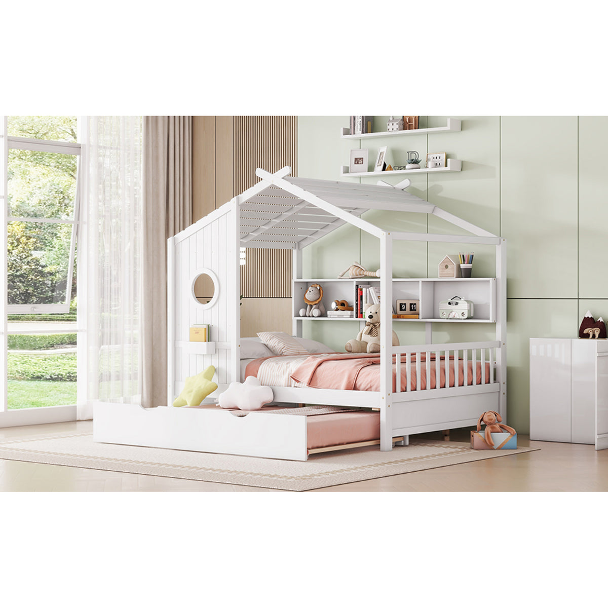 variant-group:rf-n733s316125k|Roomfitters Wooden Full Size House Bed with Trundle and Storage Shelf, White