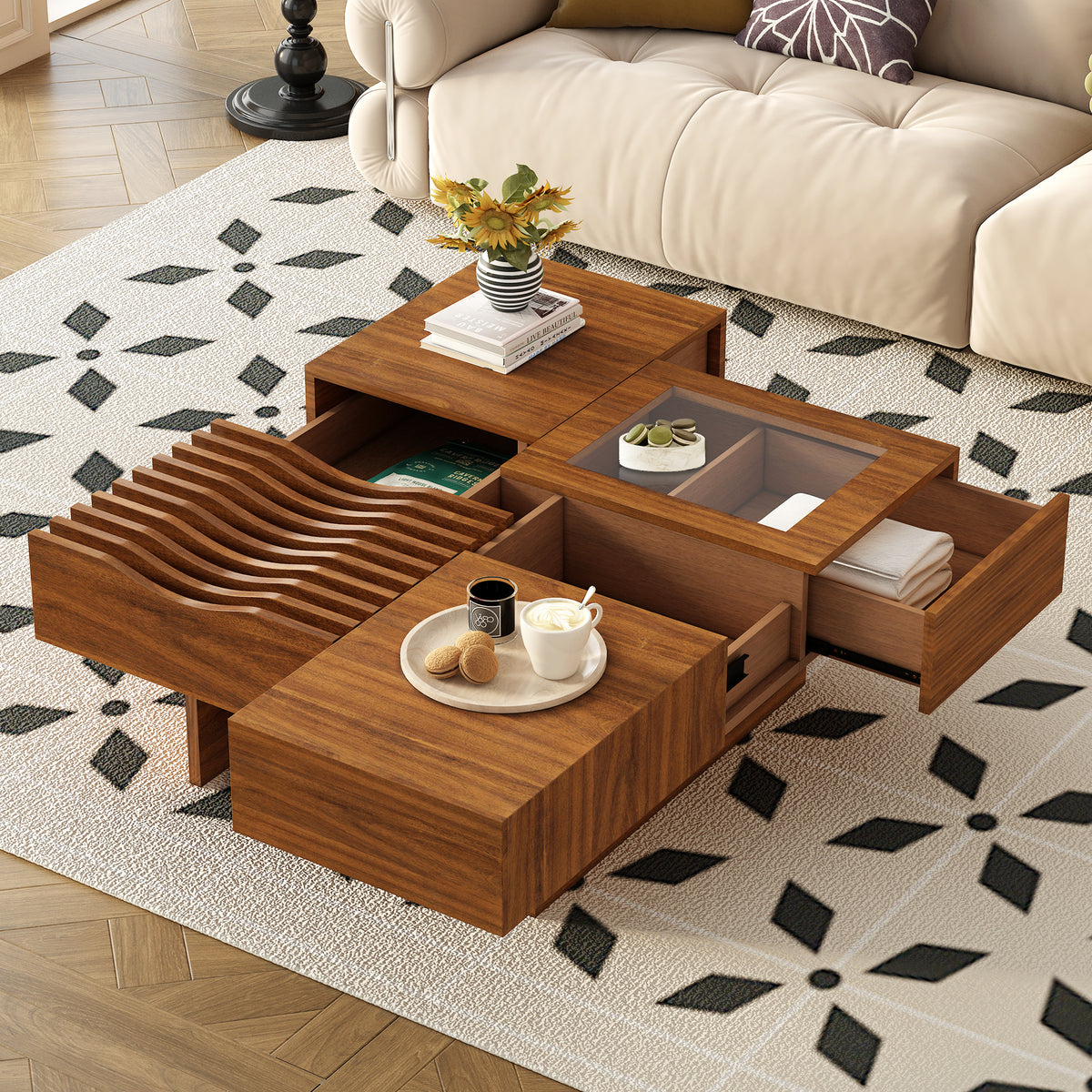 variant-group:rf-n724p270432d|Roomfitters Square Mid-Century Coffee Table with Glass Top and 3 Storage Compartments, Solid Wood Legs, Brown