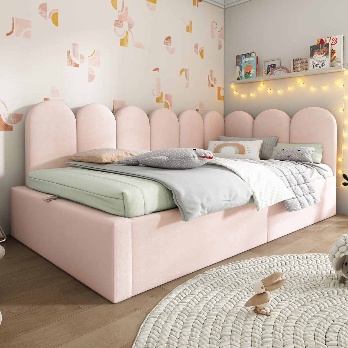 variant-group:rf-n736p333613p|Roomfitters Upholstered Twin Size Ottoman Daybed with Storage, Sofa Bed with Metal Slat Frame, Velvet Pink