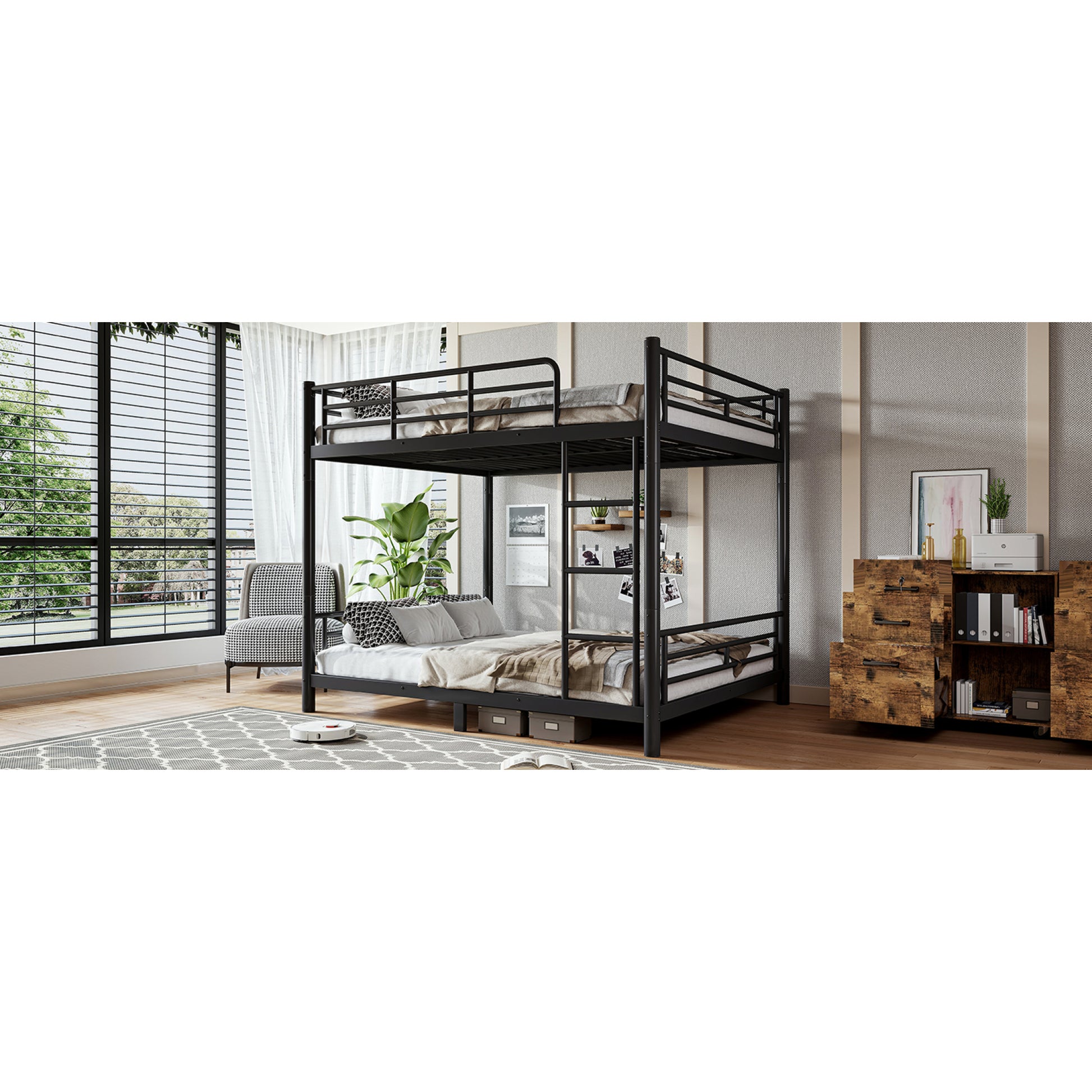 variant-group:rf-w1580s00607|Roomfitters Queen over Queen Metal Bunk Bed Frame for Teens Adults, Convertible 2 Separate Beds Round Tube, Black