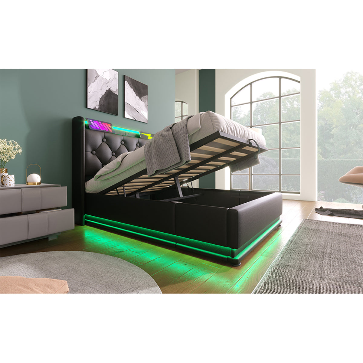 variant-group:rf-n736p188805b|Roomfitters Twin Size Upholstered Storage Bed with USB Type-C Charging and Remote Control, Faux Leather Black