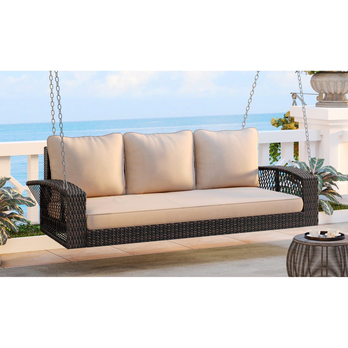 Roomfitters 69" PE Wicker 3-Person Porch Swing, Large Patio Swing Bench with Chains & Cushions, Backyard & Garden, Brown Roomfitters