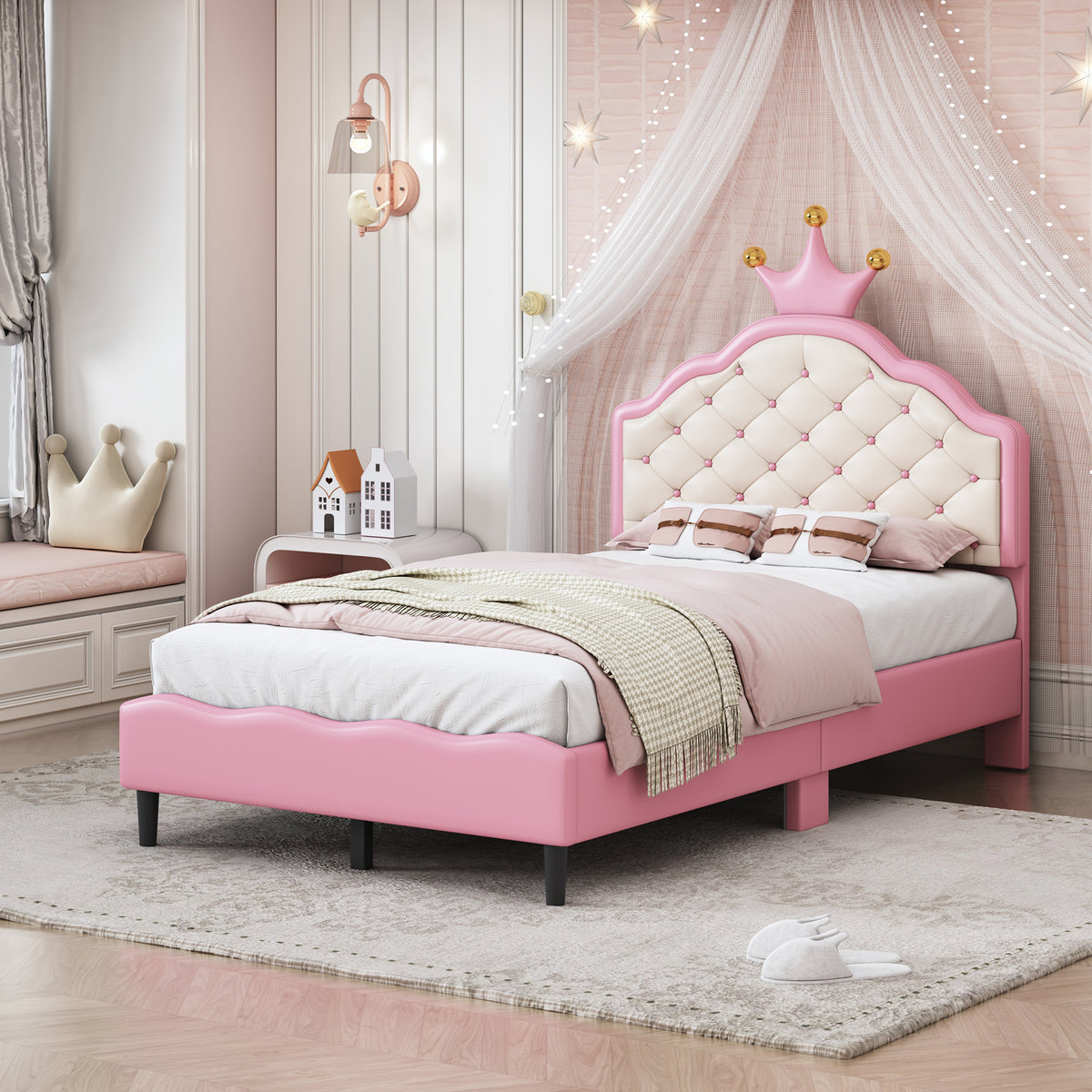 variant-group:rf-n733p198760h|Roomfitters Twin Size Upholstered Princess Bed with Crown Design, Elegant PU Leather Platform Bed with Tufted Headboard for a Stylish Bedroom, Pink + Cream