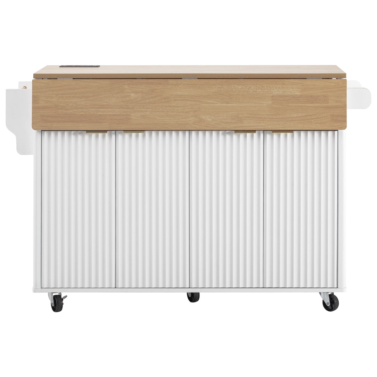 variant-group:rf-n707p353934w|Roomfitters 55.5" Fluted Kitchen Island with Double Drop Leaf, White Storage Cart with Power Outlet & Wood-grain Top