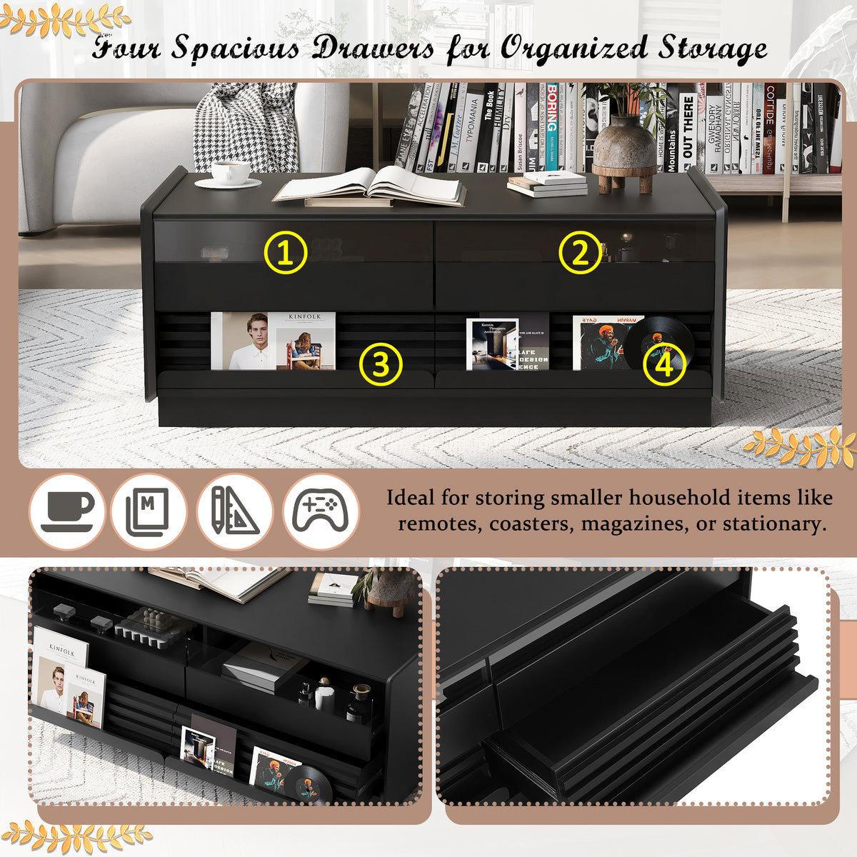 variant-group:rf-n724p286421b|Roomfitters Rectangle Coffee Table with Fluted Style, 4 Storage Compartments and Glass Display Shelves, Black