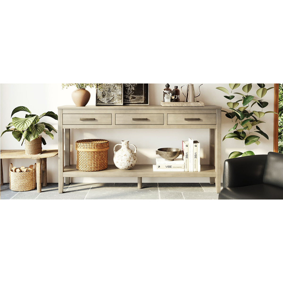 variant-group:rf-n711p410445e|Roomfitters 59.1" Farmhouse Entryway Table with 3 Drawers, Slim Console Sofa Table with Open Shelf for Hallway, Gray