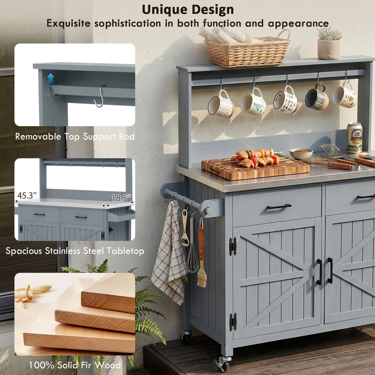 variant-group:rf-n707p409087g|Roomfitters 54.1" Grill Cart, Outdoor Kitchen Prep Station with Stainless Steel Top and Propane Tank Storage, Grey+Blue