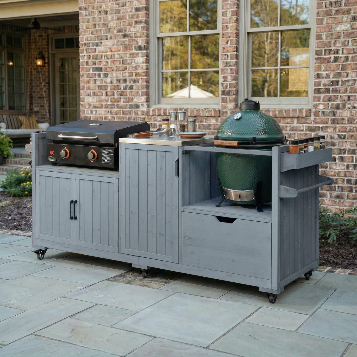 variant-group:rf-n707p392140g|Roomfitters 80.5" Extra Large Grill Cart, Outdoor Kitchen Prep Station with Stainless Steel Top & Kamado Grill Stand, Grey+Blue