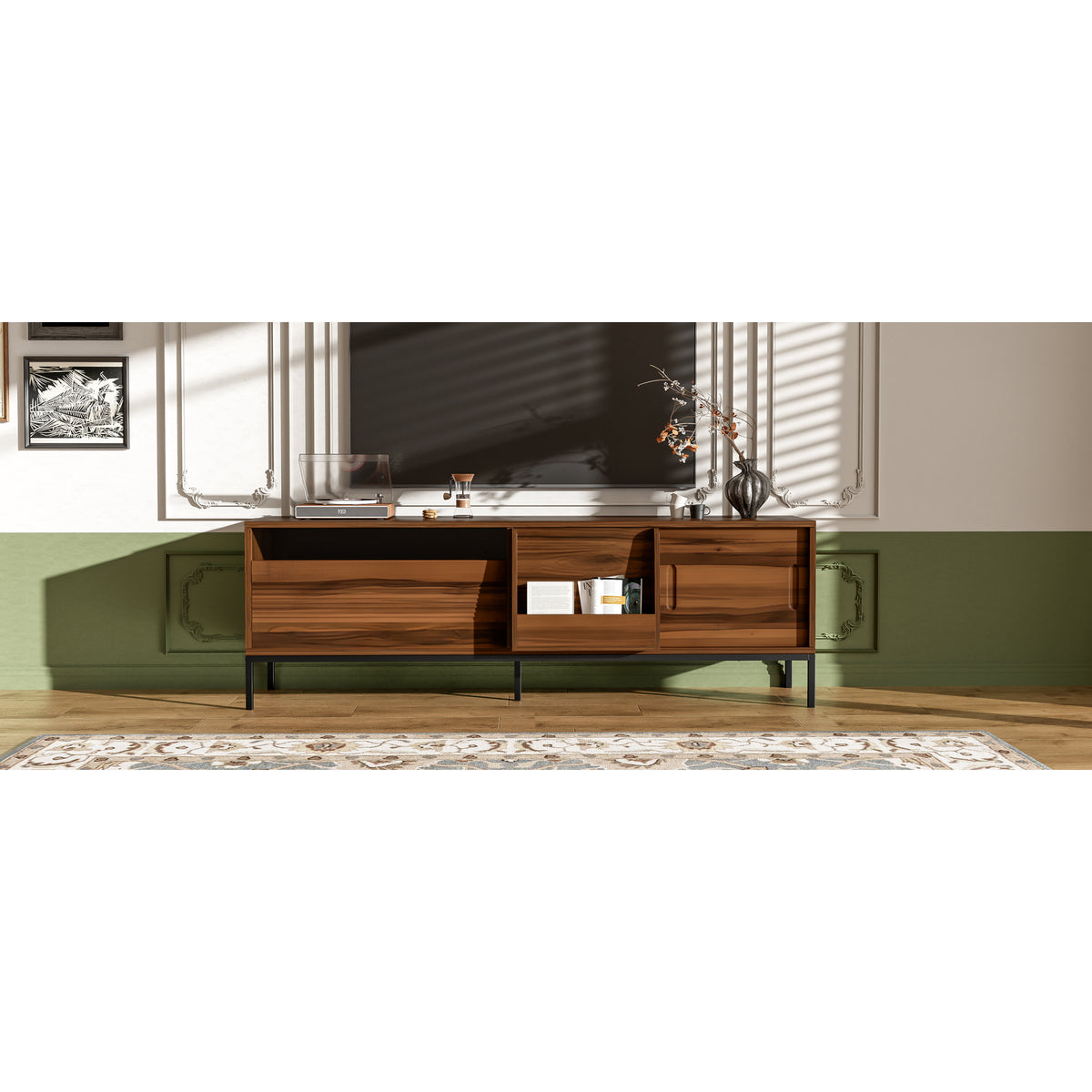 variant-group:rf-n724p360370d|Roomfitters Mid-Century Modern 70" TV Stand Console with Sliding Doors, Brown
