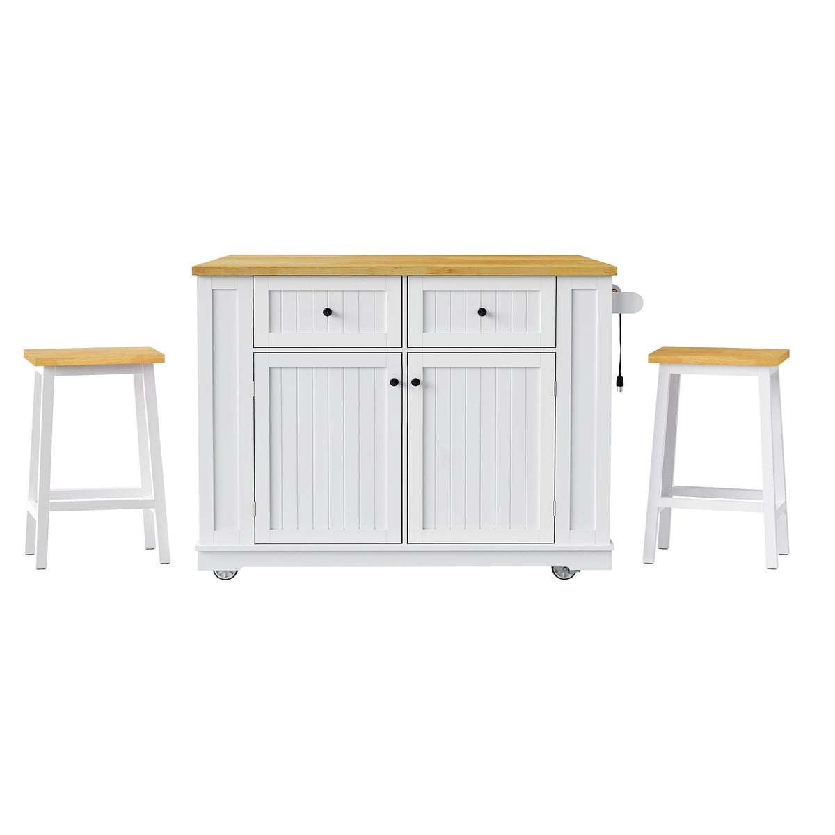 Roomfitters 48" Kitchen Island with 2 Bar Stools, Drop Leaf, Power Outlet, Rolling Cart with Side Shelves, White
