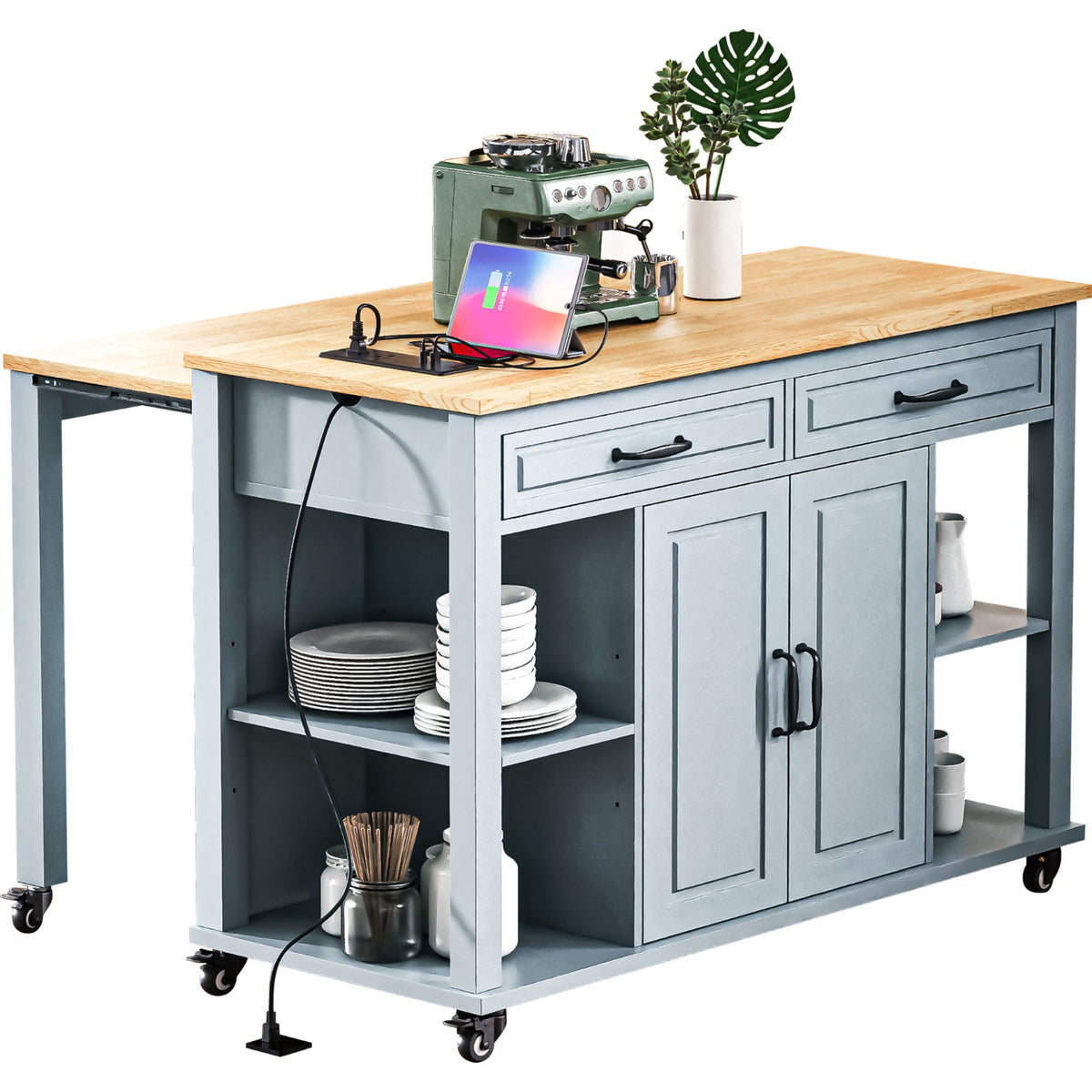 variant-group:rf-n707p215327g|Roomfitters 47" Kitchen Island with Extendable Dining Table, Storage Cabinet, Power Outlet, Rubber Wood Veneer, Grey Blue