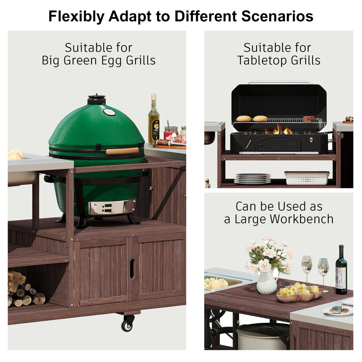 variant-group:rf-n707s000022z|Roomfitters 75.4" Outdoor Kitchen Island with Sink, Fir Wood Grill Cart for XL Green Egg & Tabletop Grills, Brown