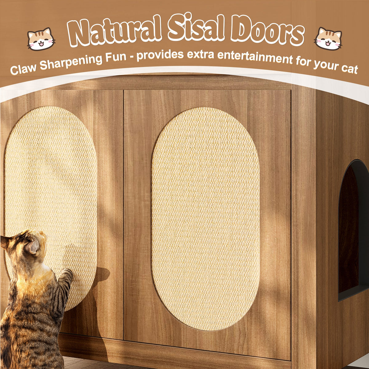 Roomfitters Espresso Cat Litter Box Enclosure End Table Nightstand with Sisal Scratching Pad Cabinet Doors Roomfitters
