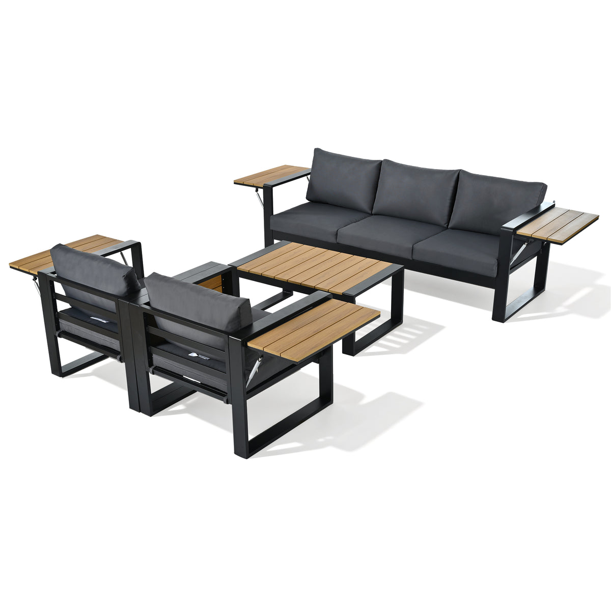 variant-group:rf-n704g201257e|Roomfitters 4-Piece Aluminum Patio Conversation Set with Four Fold-Out Side Trays and Slatted Coffee Table Gray