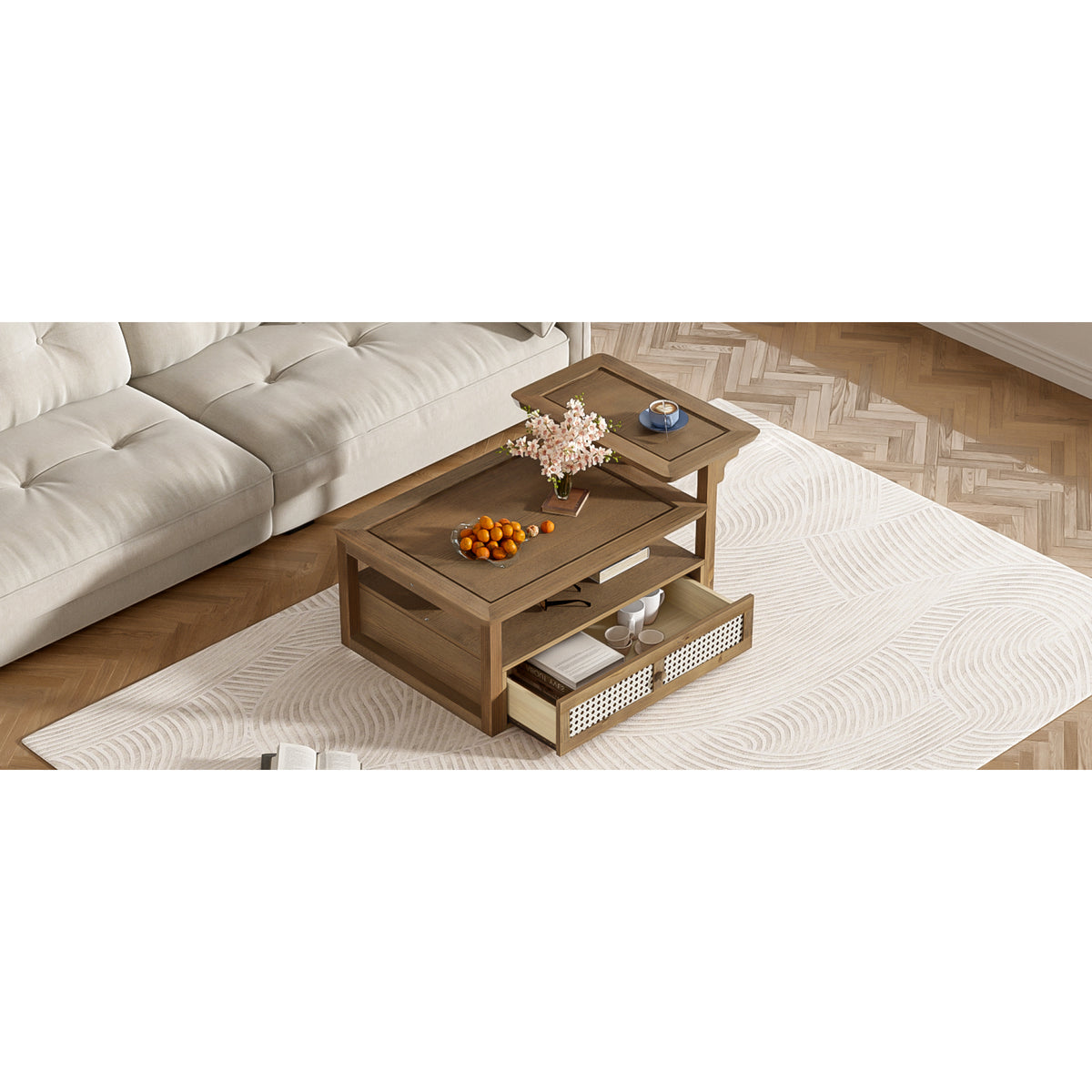 variant-group:rf-n724p232190d|Roomfitters Modern Coffee Table with Open Shelf, Dual Tabletops and Rattan Accent Storage, Walnut