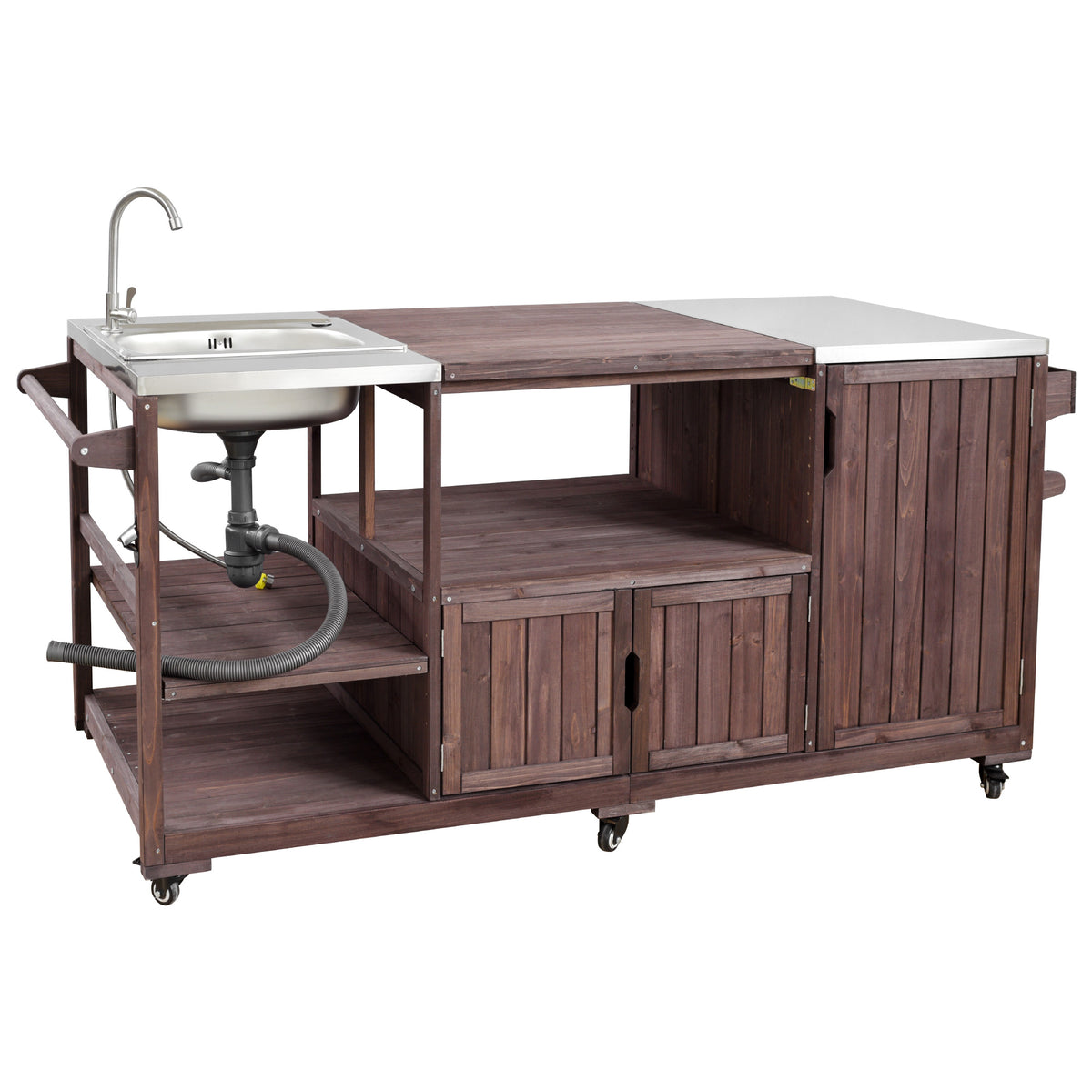 variant-group:rf-n707s000022z|Roomfitters 75.4" Outdoor Kitchen Island with Sink, Fir Wood Grill Cart for XL Green Egg & Tabletop Grills, Brown