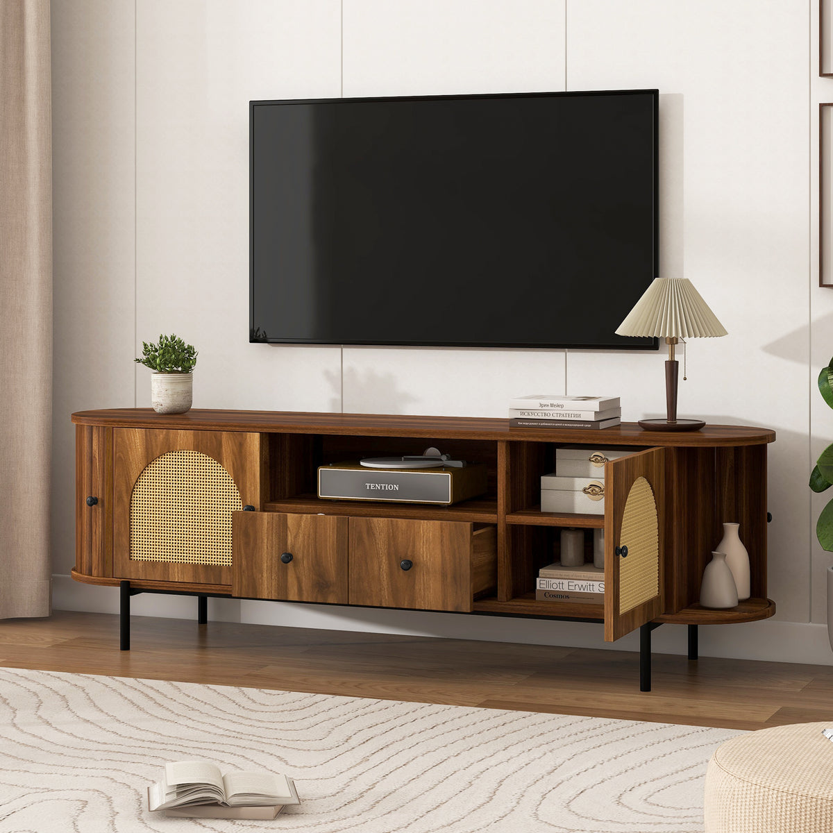 variant-group:rf-n724p437189m|Roomfitters American Style TV Stand with Rattan Arched Doors, Steel Legs, Antique Brown