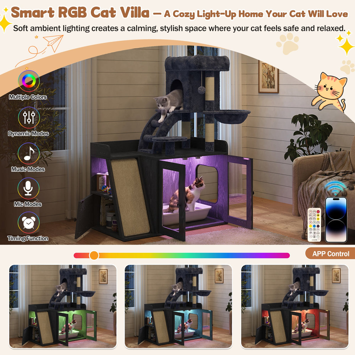 Roomfitters Modular Litter Box Enclosure with Built-In Cat Tree Tower Sisal Scratching Board and LED Light Black Roomfitters