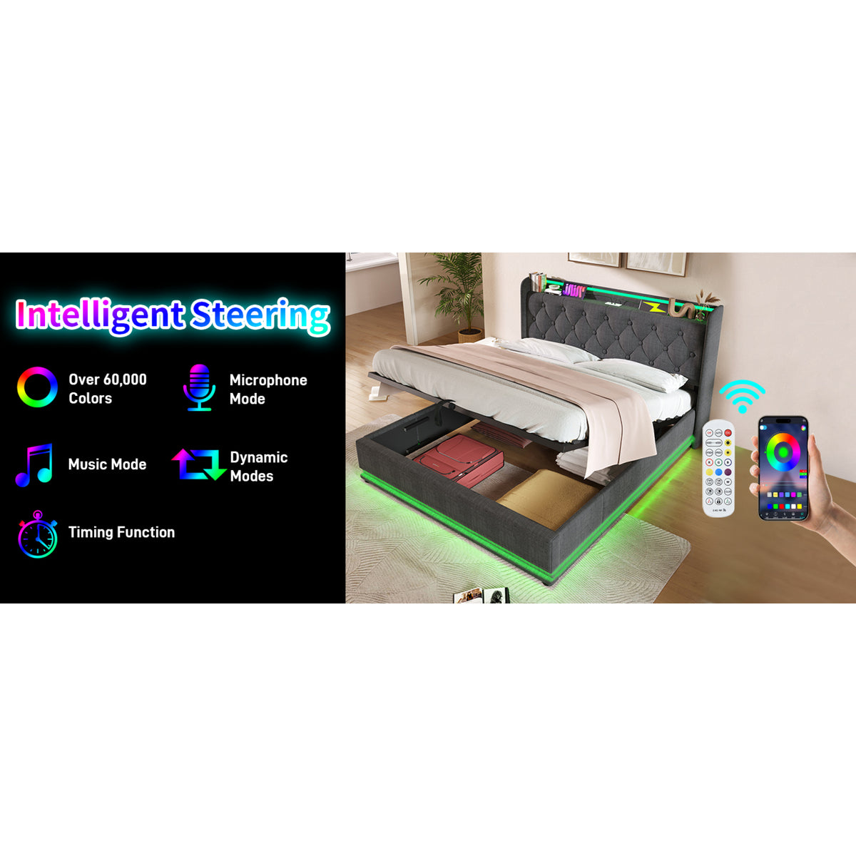 variant-group:rf-n736p188807g|Roomfitters Queen Size Upholstered Storage Bed with USB Type-C Charging and Remote Control, Linen Gray