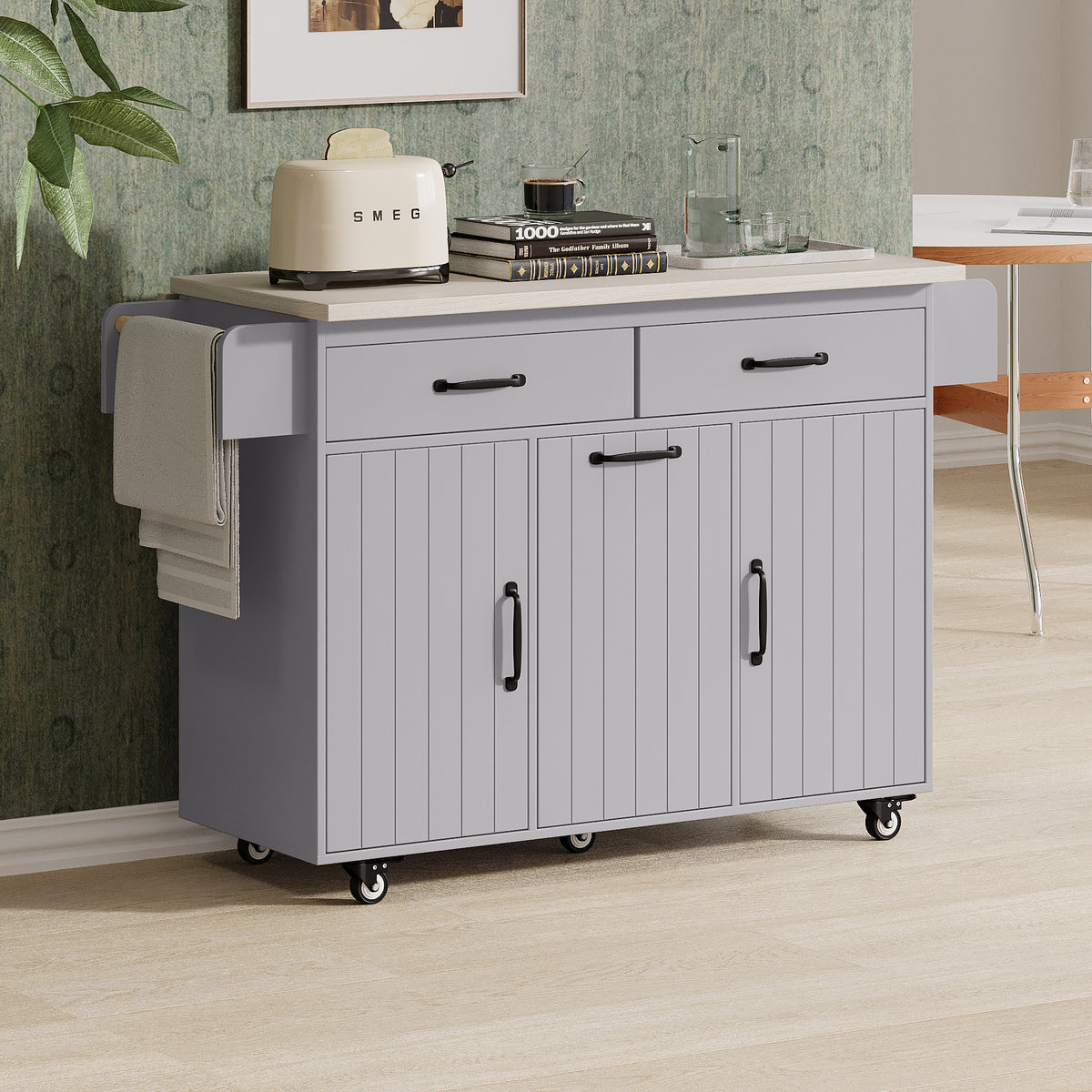 variant-group:rf-n707wf326381aag|Roomfitters Kitchen Island with Trash Can Storage Cabinet, Grey - Drop Leaf, Spice Rack, Towel Rack, Drawer, Adjustable Shelf, Rolling Island on Wheels, Grey
