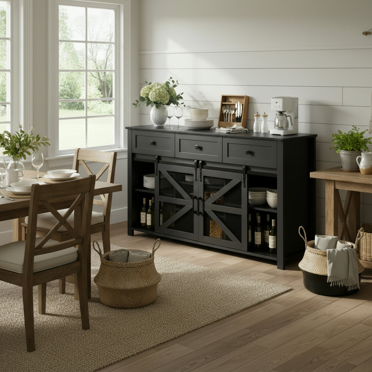 variant-group:rf-n711p347384b|Roomfitters 55" Sideboard Buffet Cabinet with 3 Drawers and Sliding Barn Doors, Farmhouse Storage for Kitchen & Dining, Black