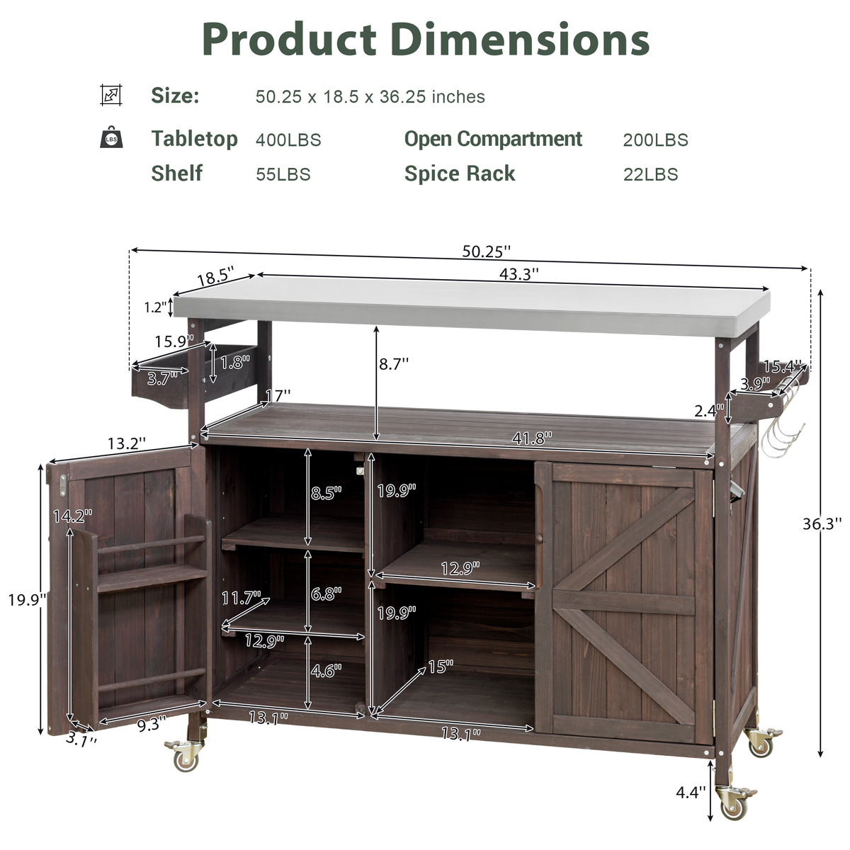 variant-group:rf-n707wf532198aaz|Roomfitters Outdoor Kitchen Island Rolling Bar Cart & Storage Cabinet, Farmhouse Solid Wood Outdoor Grill Table with Stainless Steel Top, Spice Rack, Towel Rack for Kitchen & Barbecue, Dark Brown