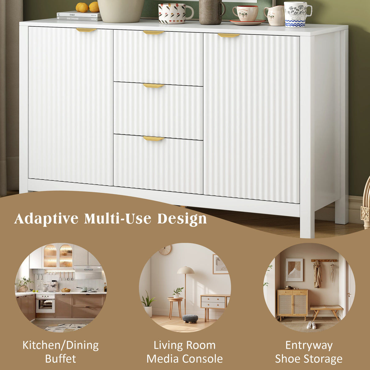 variant-group:rf-n711p269066k|Roomfitters Sideboard Buffet Cabinet with 3 Drawers, Mid-century Modern Fluted Accent Storage for Kitchen & Dining, White