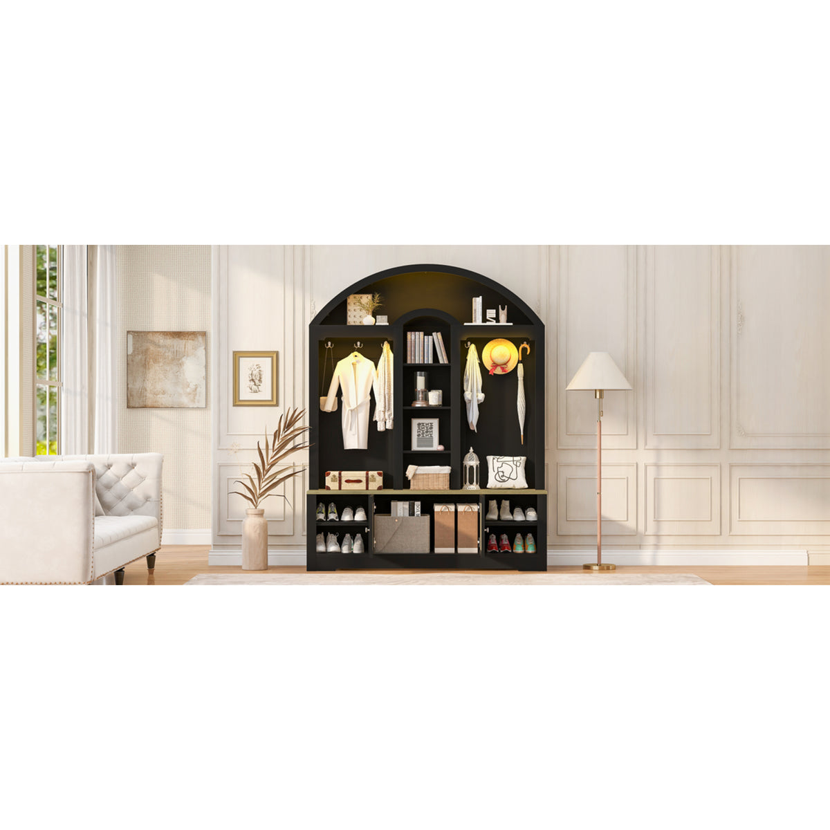 variant-group:rf-n724sj000158aab|Roomfitters Multi-Functional Curved Entrance Wardrobe, Hall Tree, Black & Natural