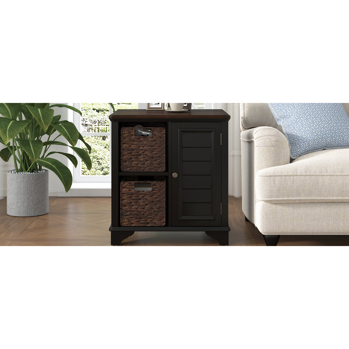 variant-group:rf-n724p401353b|Roomfitters American Style Louvered Side End Table with 2 Grass Storage Baskets, Black