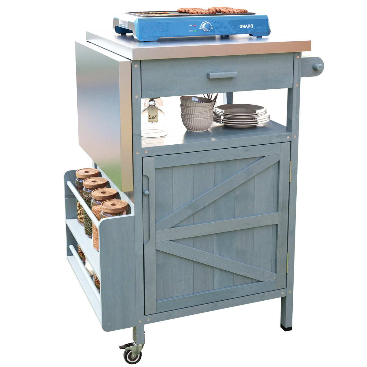 variant-group:rf-n707p228272g|Roomfitters 40.5" Outdoor Grill Cart with Stainless Steel Top, Wood Storage Cabinet, Drop Leaf, Rolling Cart, Blue Grey