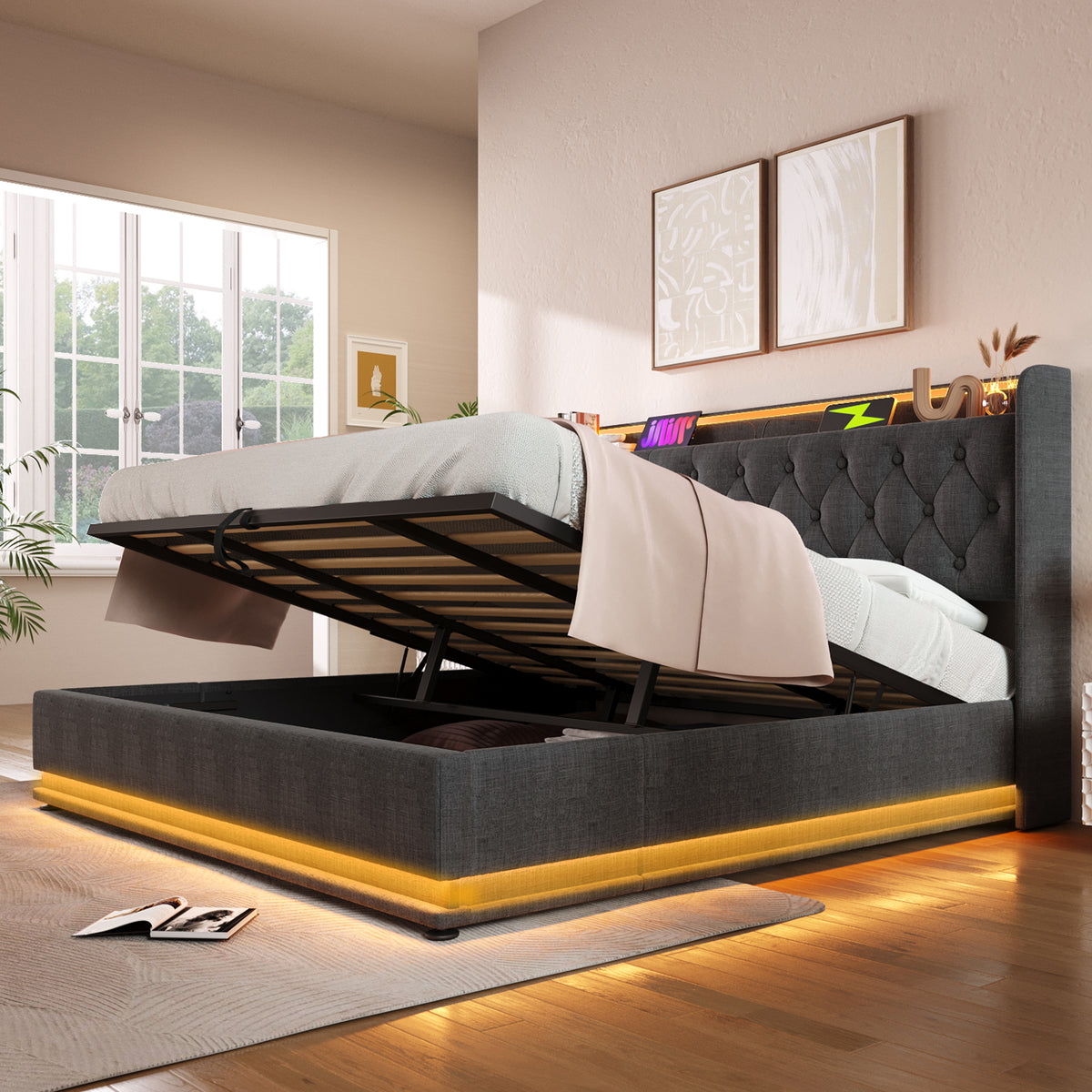 variant-group:rf-n736p188808g|Roomfitters King Size Upholstered Storage Bed with USB Type-C Charging and Remote Control, Linen Gray