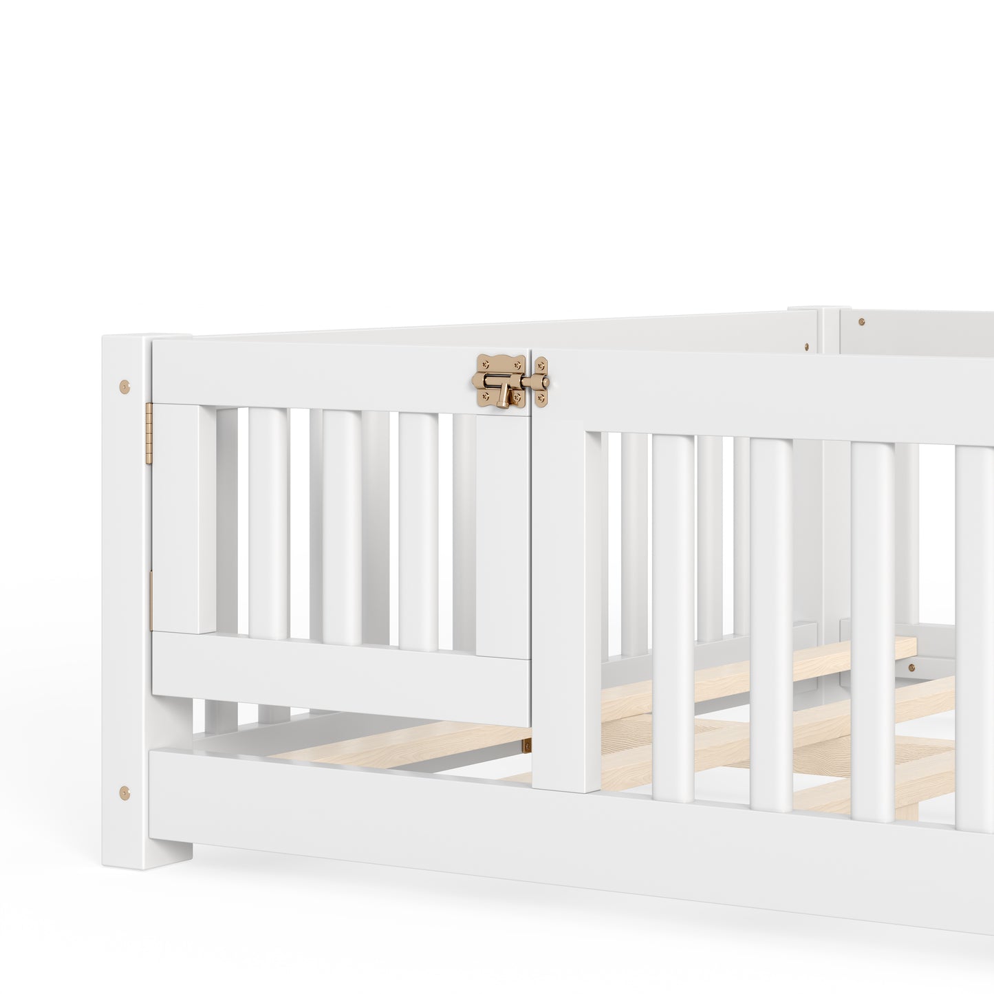 variant-group:rf-w1580p462324|Roomfitters Queen Size Wooden Floor Bed Frame with Safety Guardrails Door, Solid Wood Low Profile Toddler Play Bed, White