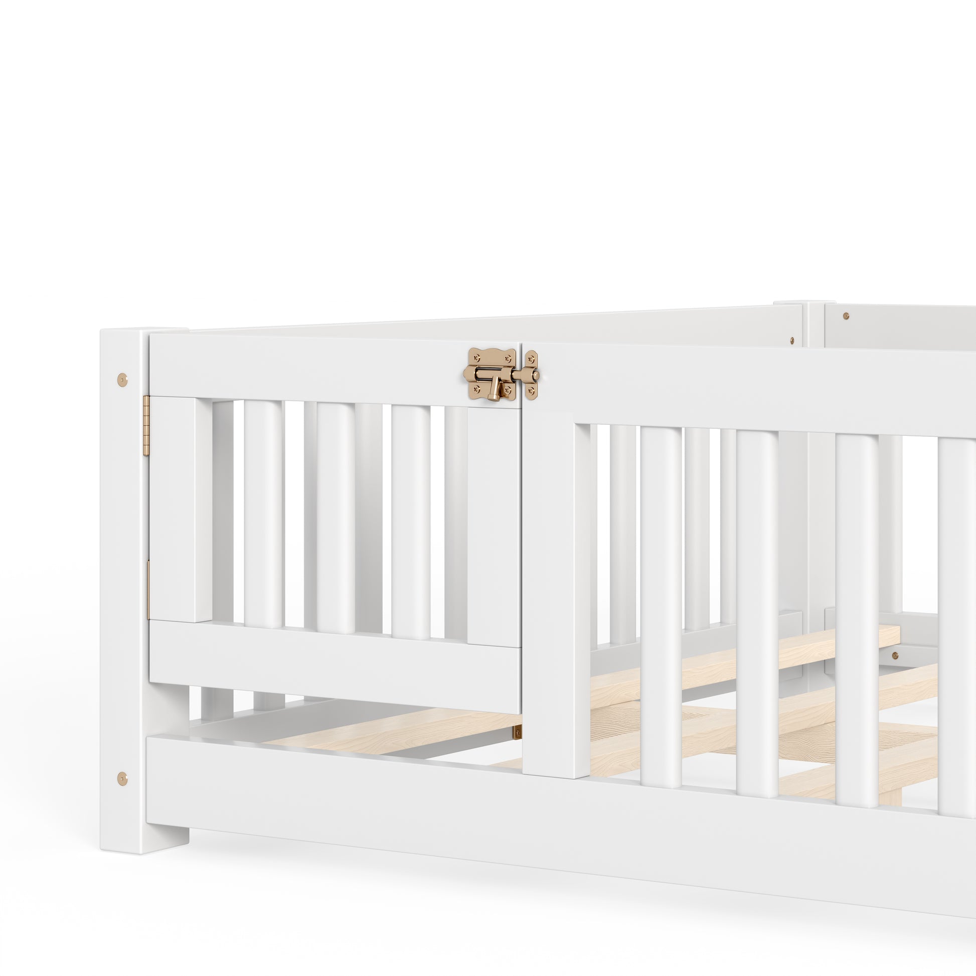 variant-group:rf-w1580p462324|Roomfitters Queen Size Wooden Floor Bed Frame with Safety Guardrails Door, Solid Wood Low Profile Toddler Play Bed, White