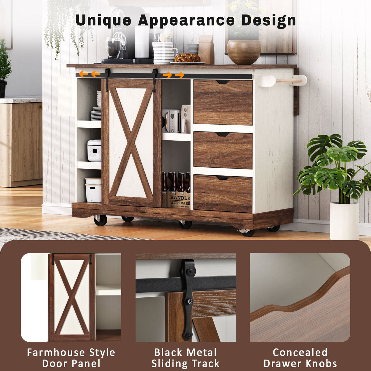 variant-group:rf-n707p288229w|Roomfitters 55.5" Rolling Kitchen Island with Drop Leaf, Mobile Kitchen Storage Cart with Sliding Barn Door, Power Outlets, White