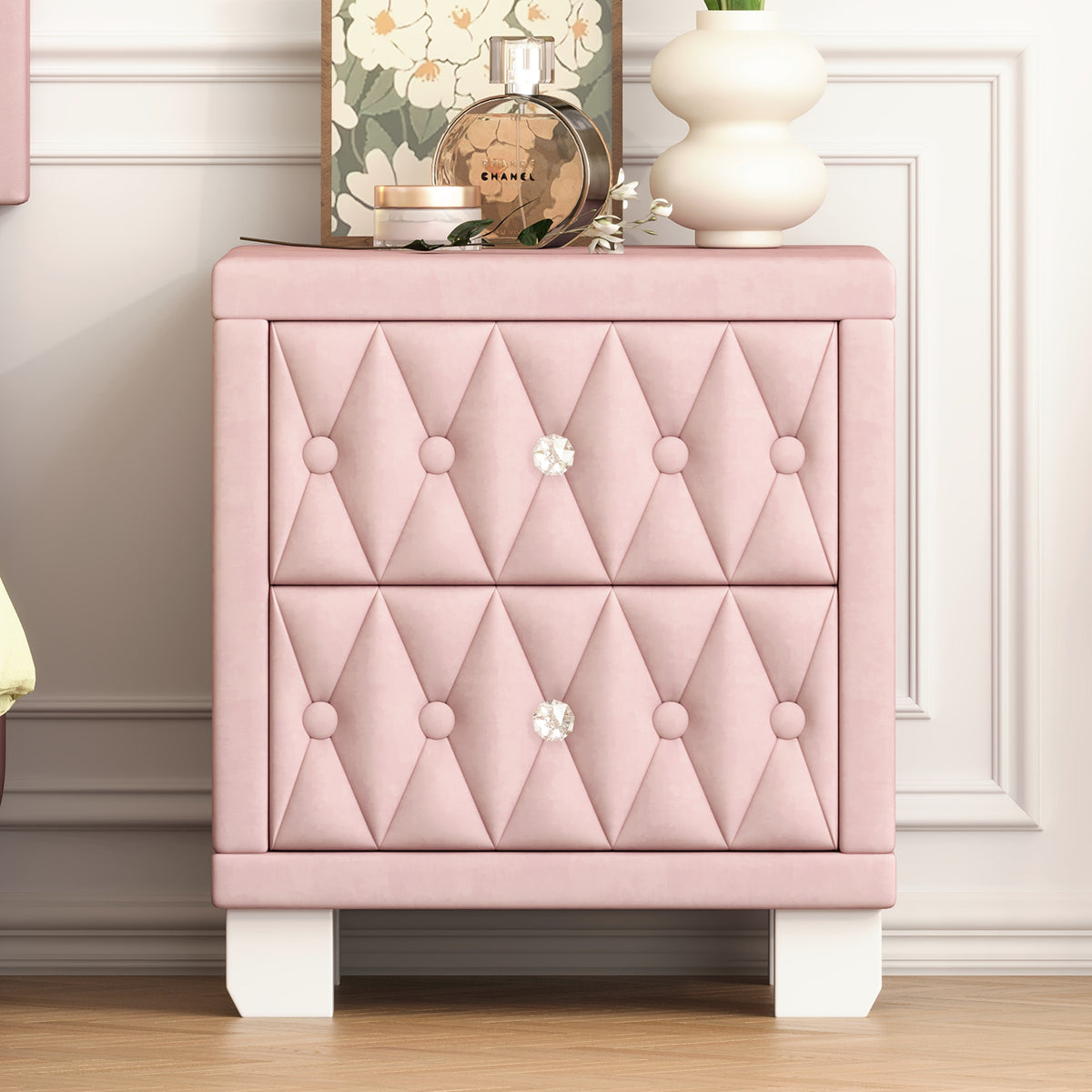 variant-group:rf-n733p210398h|Roomfitters Velvet Nightstand with Crystal Handles, Button-Tufted Upholstered Bedside Table with Two Storage Compartments, Pink