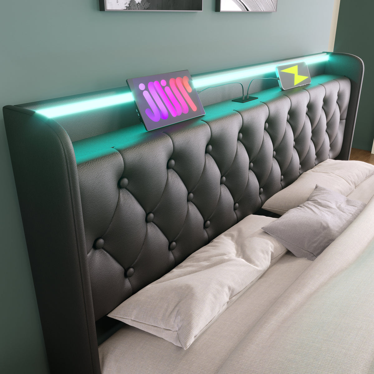 variant-group:rf-n736p188808b|Roomfitters King Size Upholstered Storage Bed with USB Type-C Charging and Remote Control, Faux Leather Black