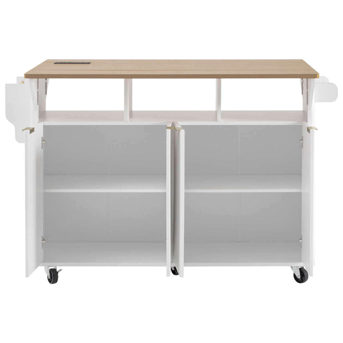 variant-group:rf-n707p353934w|Roomfitters 55.5" Fluted Kitchen Island with Double Drop Leaf, White Storage Cart with Power Outlet & Wood-grain Top
