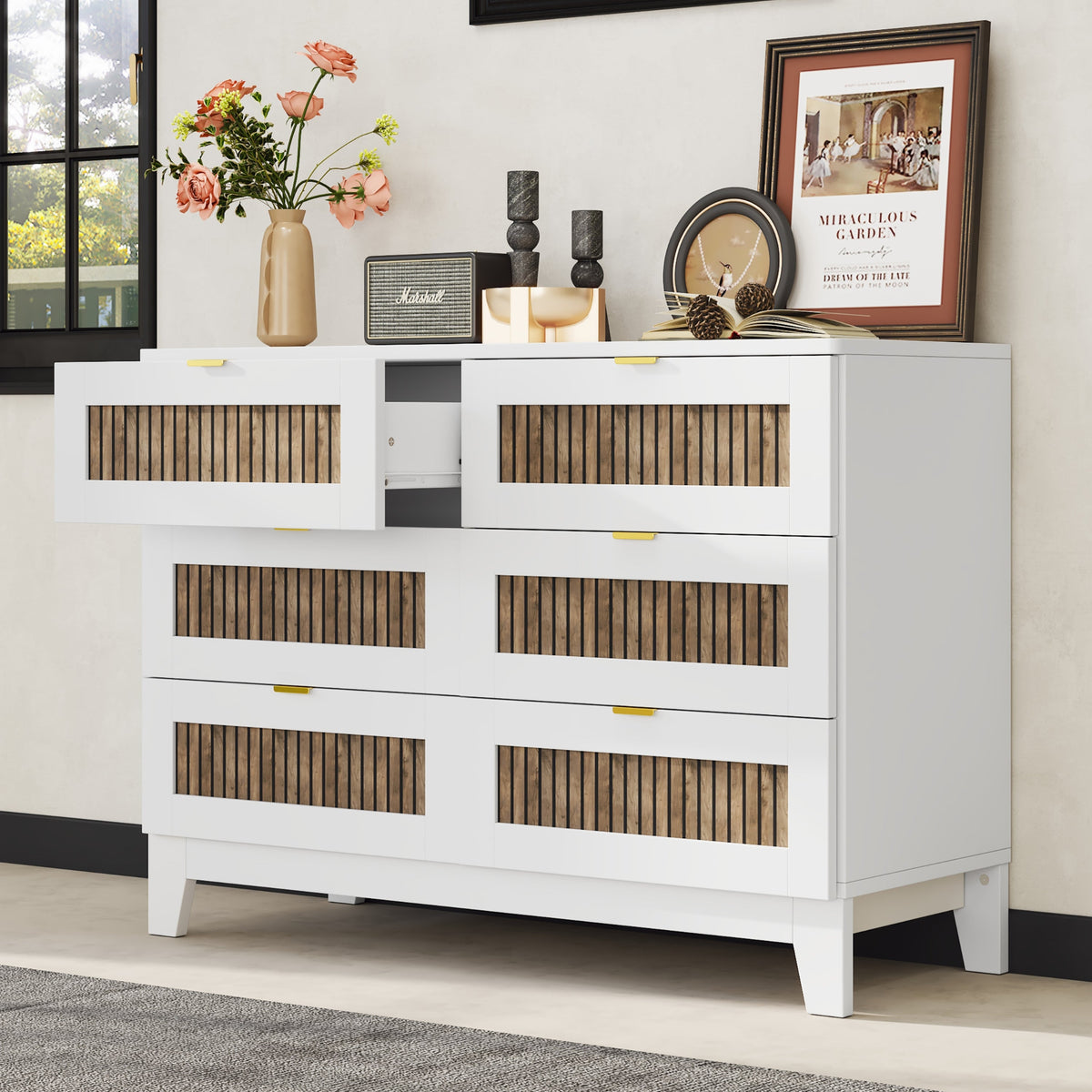 Roomfitters Elegant Dresser with Metal Handles and Glittering Decorative Accents, 6-Drawer Storage Cabinet for Bedroom and Living Room, White