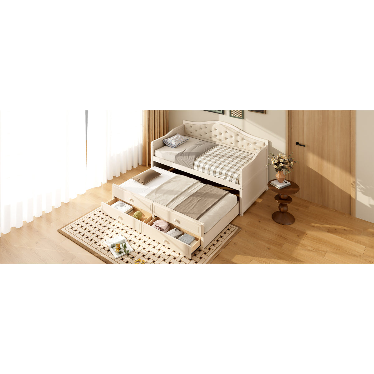 variant-group:rf-n733s346767a|Roomfitters Twin Daybed with Trundle, Wooden Sofa Bed with 2 Storage Drawers & Tufted Backrest, Beige