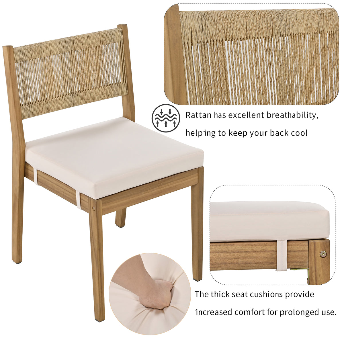 variant-group:rf-n711wy000393aaa|Roomfitters Outdoor Acacia Wood Dining Table and Chair Set with Thick Cushions, Patio Furniture for Garden, Beige