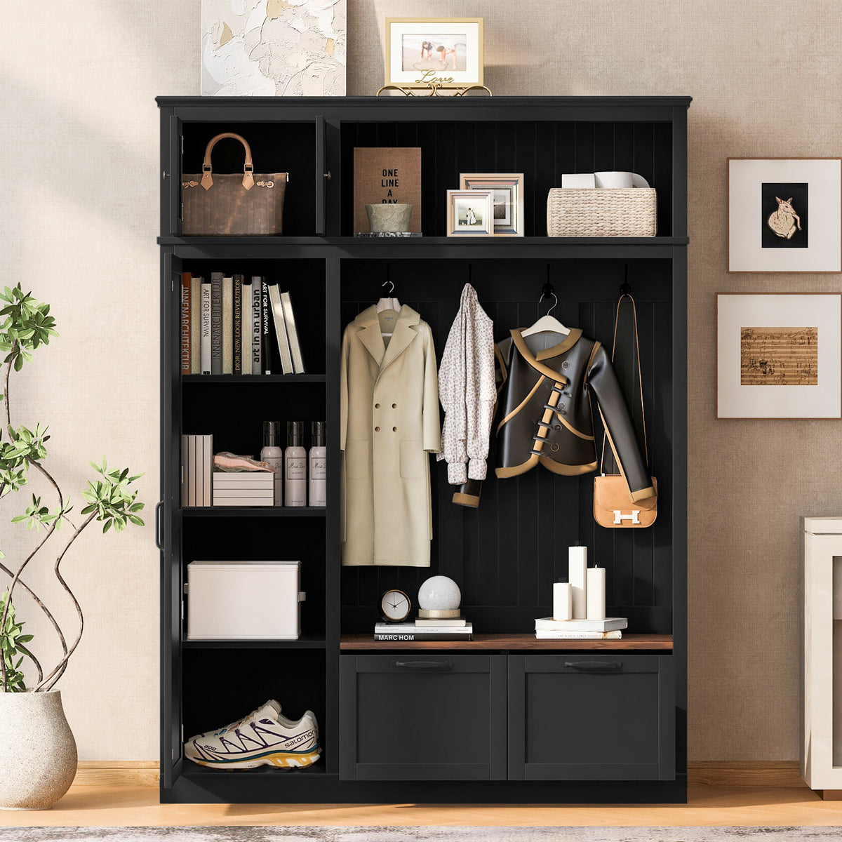 variant-group:rf-n724sj000160aab|Roomfitters 3-in-1 Entryway Hall Tree with Overhead Storage Cabinet, 2 Drawers, Black