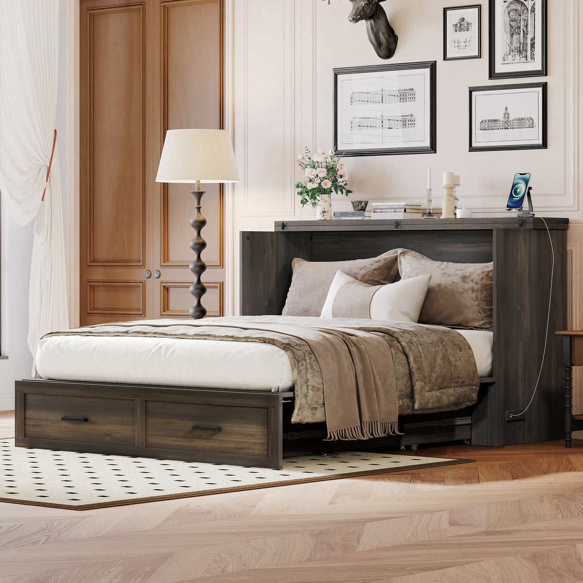 variant-group:rf-n733s361778g|Roomfitters Queen Farmhouse Murphy Cabinet Bed with Charging Station, Foldable Platform Bed with Storage Drawer, Rustic Gray