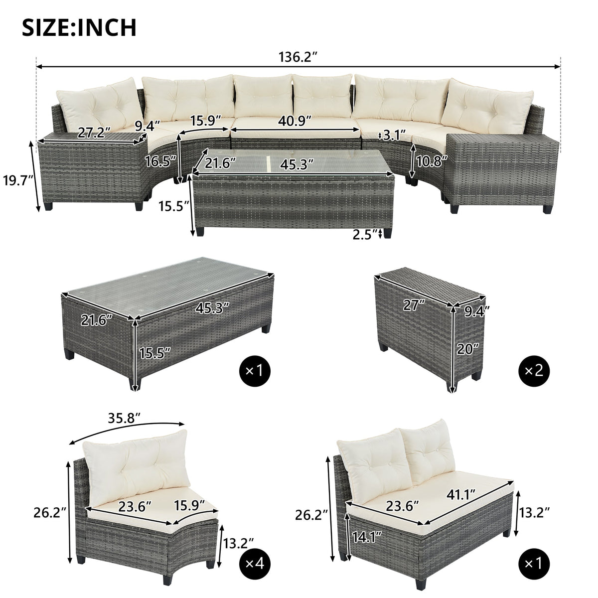 Roomfitters 8-Piece Outdoor Half-Moon Sectional Wicker Round Sofa Set with Tempered Glass Tables Beige Roomfitters