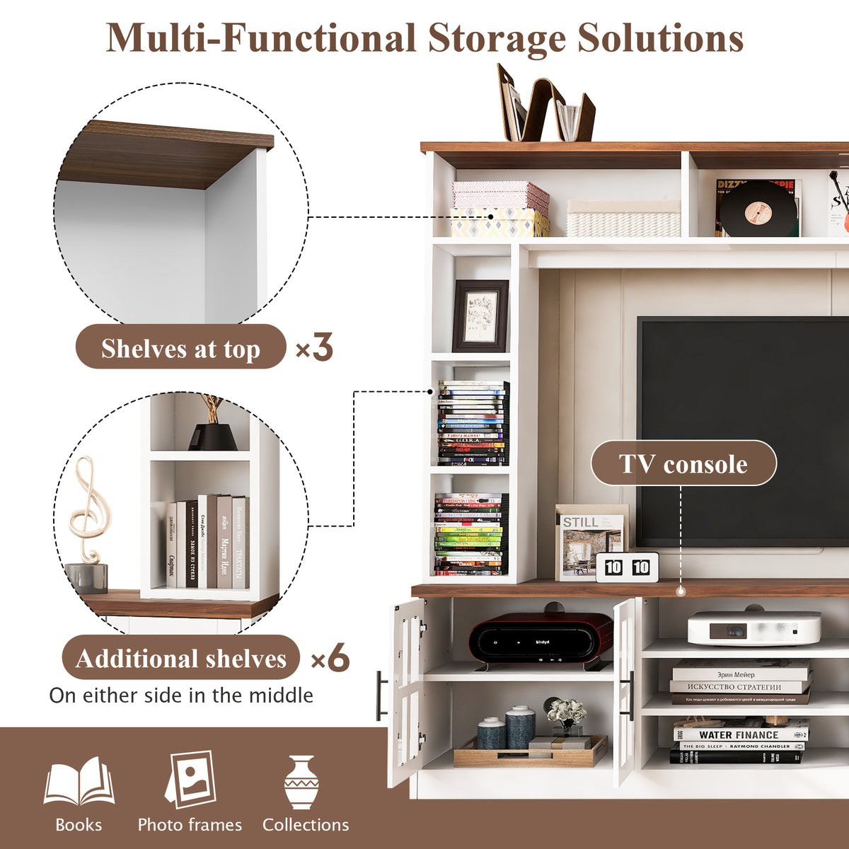 variant-group:rf-n724sj000127aak|Roomfitters Wall Unit Entertainment Center for up to 80 Inch TV, Media Console with Cabinets and Bookshelves, White