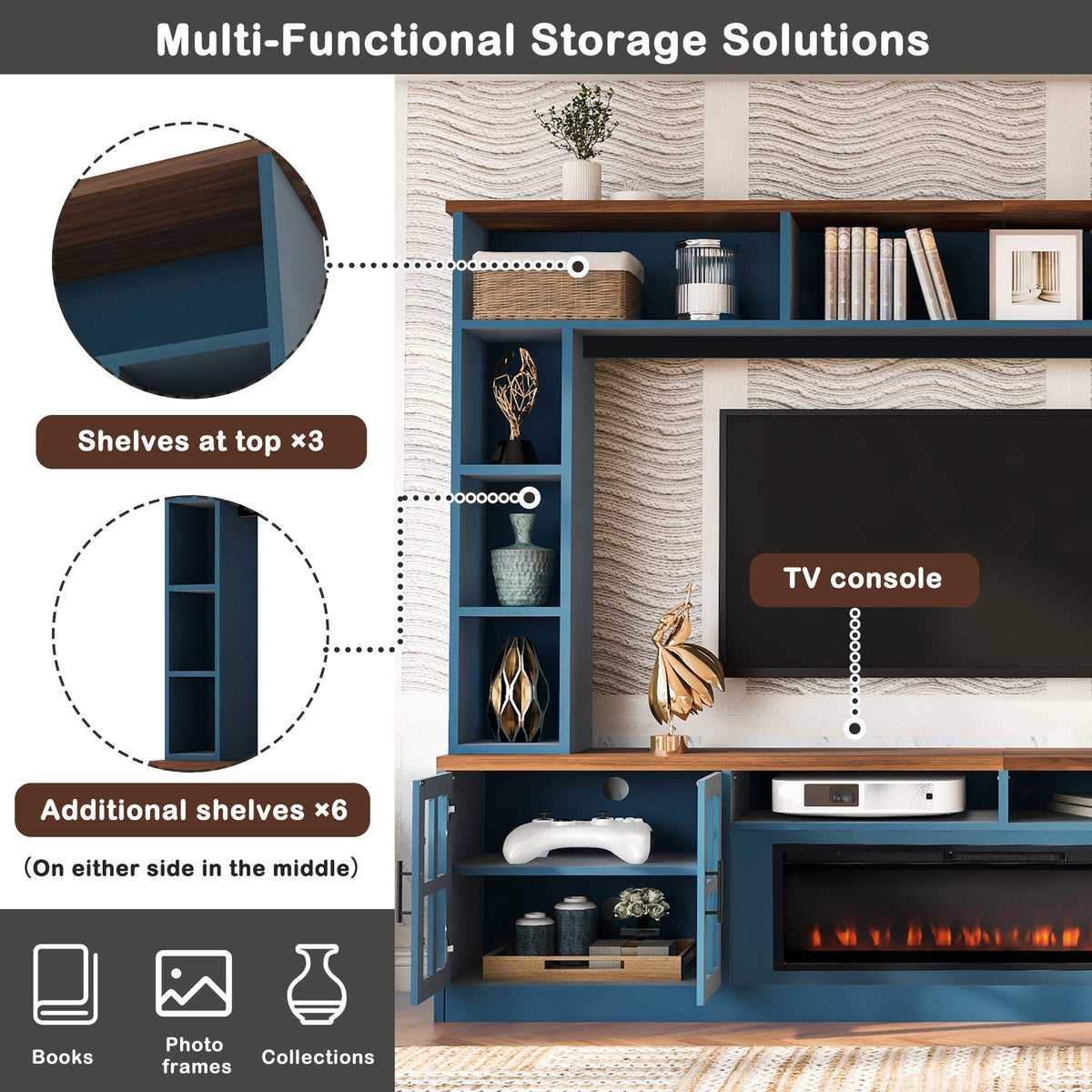 Roomfitters 95.5"W Large Wall Unit Entertainment Center, 39" LED Fireplace, Navy Blue Roomfitters